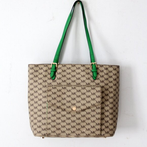 Michael Kors Monogram Canvas Tote Bag with Green Leather Handles - Picture 1 of 16
